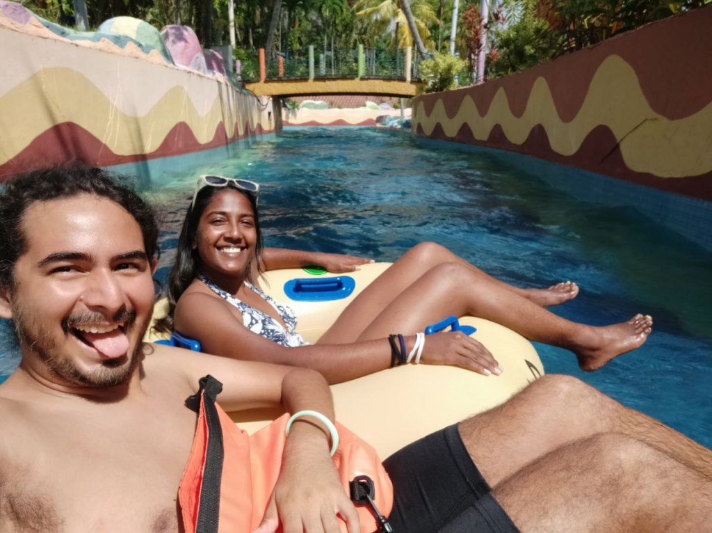 Abraham and Crunch on a tube in the lazy river at A'Famosa Water Park in Melaka, Malaysia